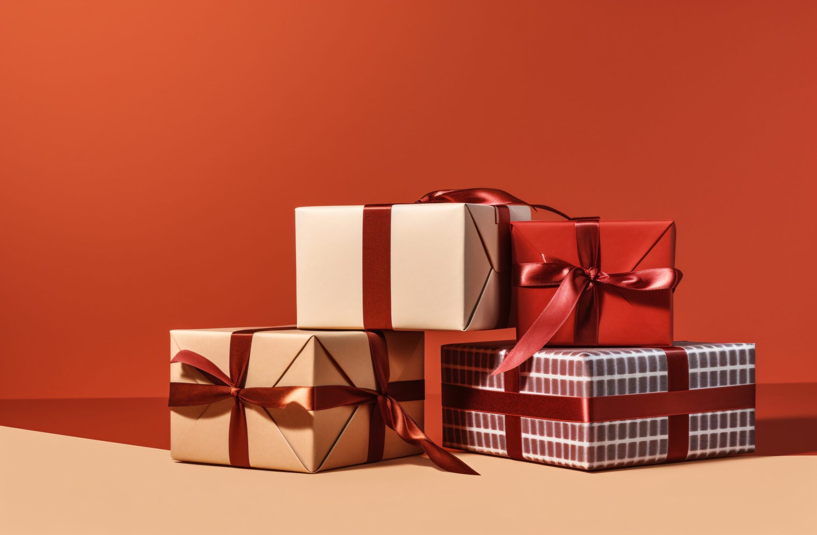 Three elegantly wrapped gift boxes with red ribbons on a warm-toned background.